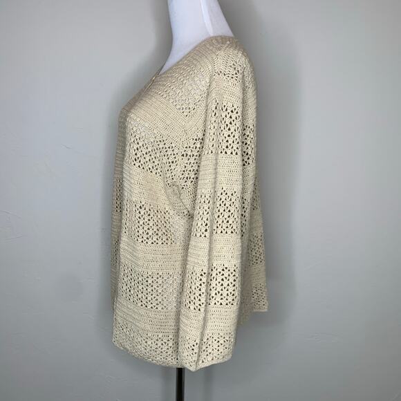 Eddie Bauer Neutral Open Weave Cardigan Sweater 1X Linen Blend - Picture 3 of 9